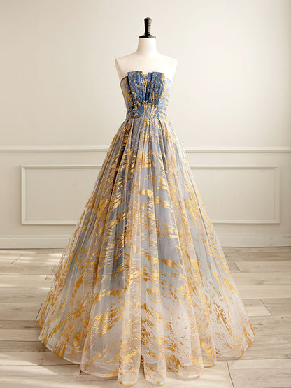 A-Line Tulle Gold/Blue Long Prom Dress, Blue Formal Evening Dress - DollyGown