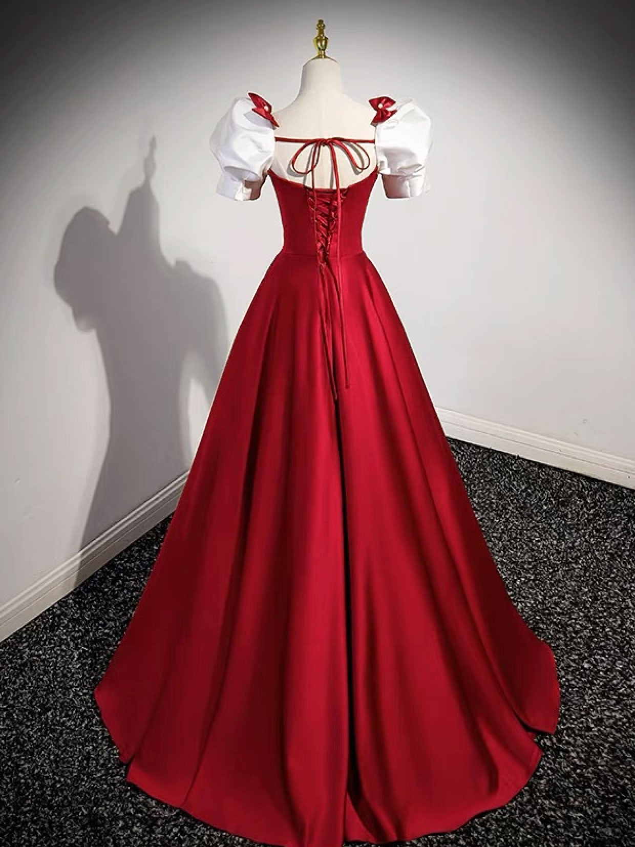 Red Satin Square Neck Prom Dress with White Short Sleeves Red Satin Square Neck Prom Dress with White Short Sleeves