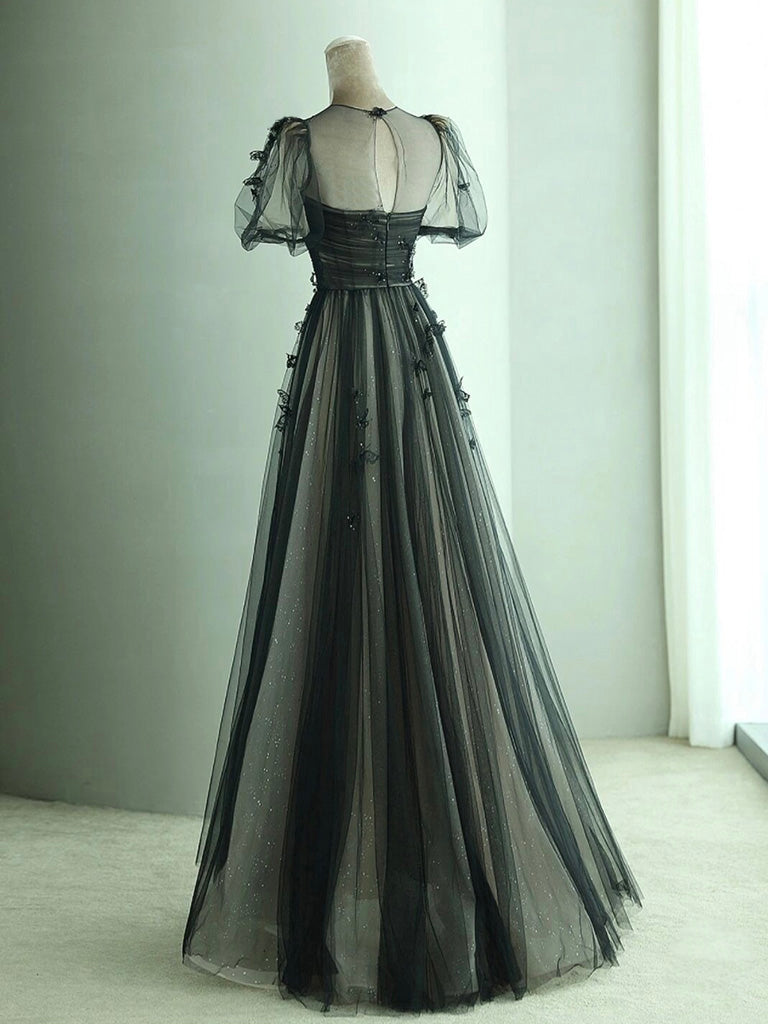 Flowy Black Tulle A-line Prom Dress with Short Bubble Sleeves - DollyGown