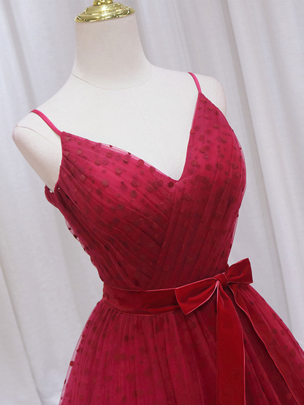 Red Spaghetti Strap Ball Gown Polka Dot Tulle Prom Dress Formal Dress - DollyGown