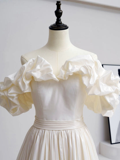 A-Line Off Shoulder Beige Taffeta Long Prom Dresses, Beige Formal Evening Dress - DollyGown