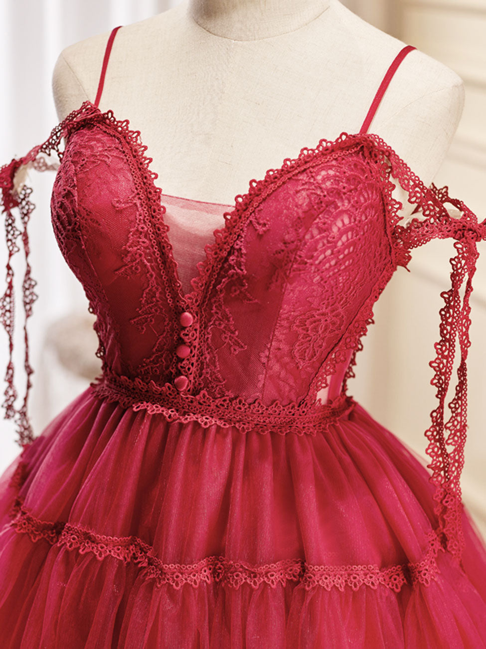 red lace puffy dress Red Puffy Short Sleeve Long Lace Dresses Red Lace / XS (US Size 2)