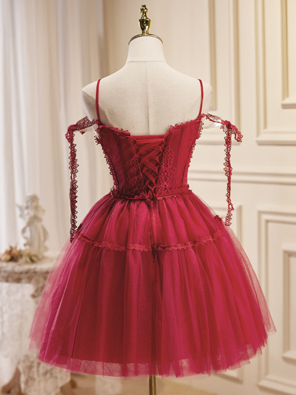 Sweet Red Lace Top Puffy Short Homecoming Dress - DollyGown