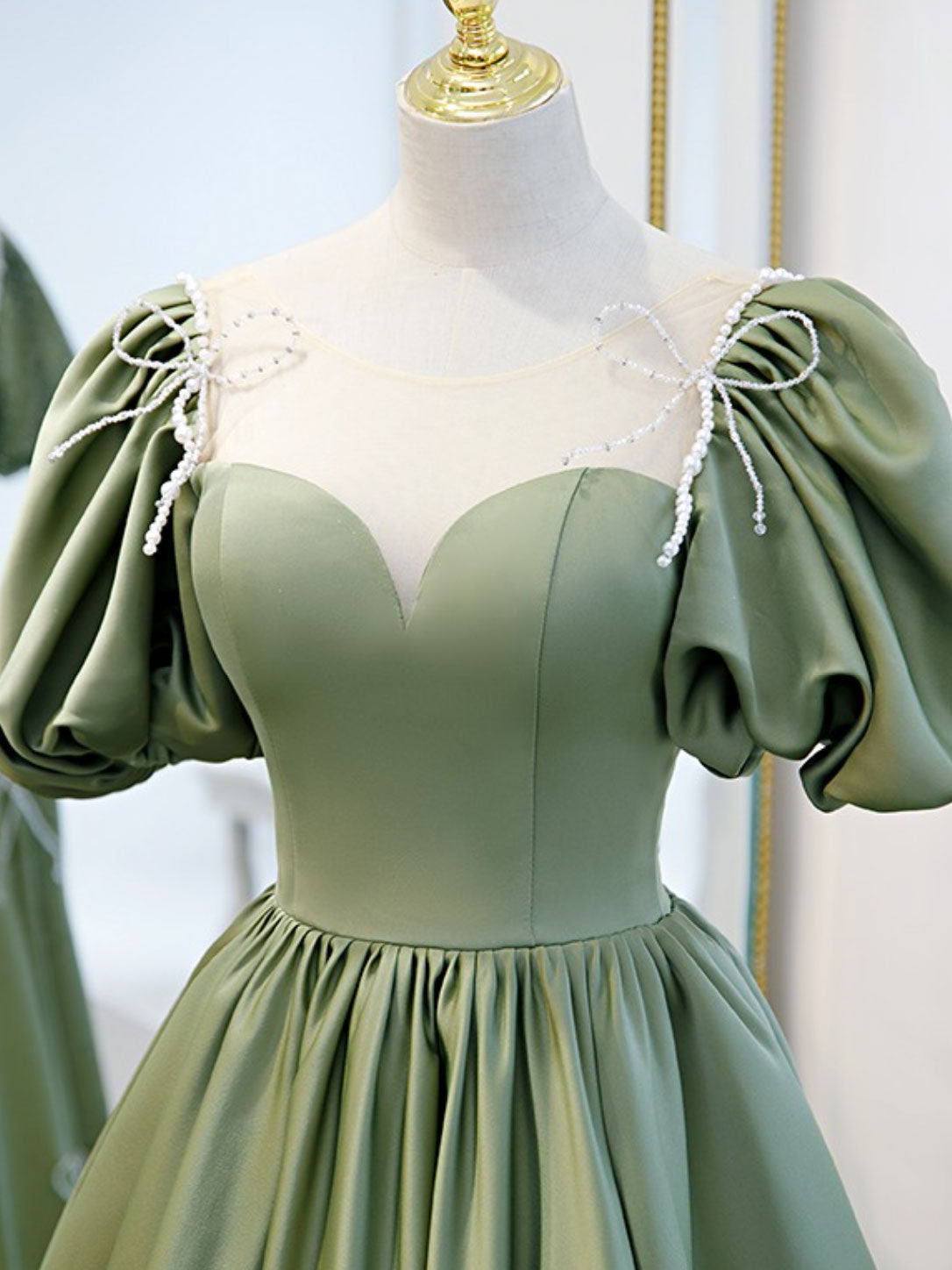 Sage Green Satin Short Homecoming Dress 8th Grade Dance Dress with Bubble Sleeves - DollyGown