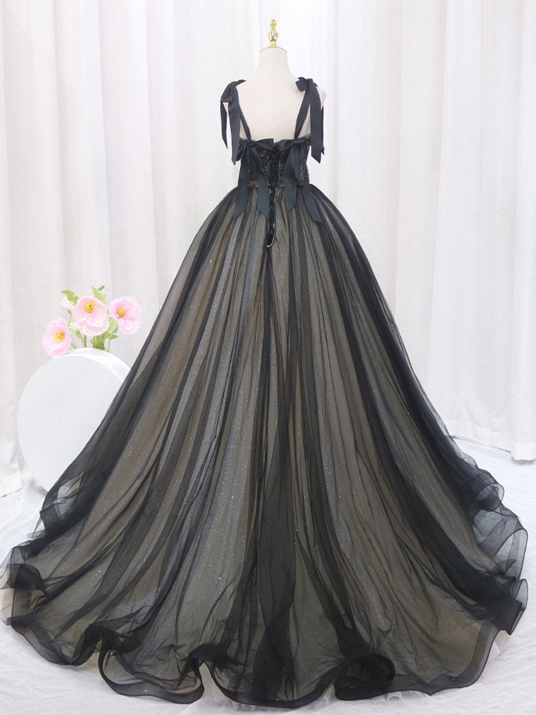 Black Wide Straps Ball Gown Prom Dress Sweet 16 Dress - DollyGown