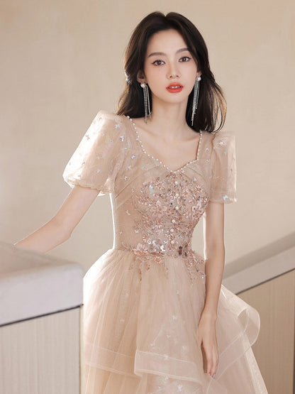 Princess Light Champagne Ruffle Skirt Prom Dress - DollyGown