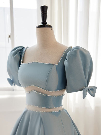 Cute Light Blue Satin Square Neck Short Formal Dress Homecoming Dress - DollyGown