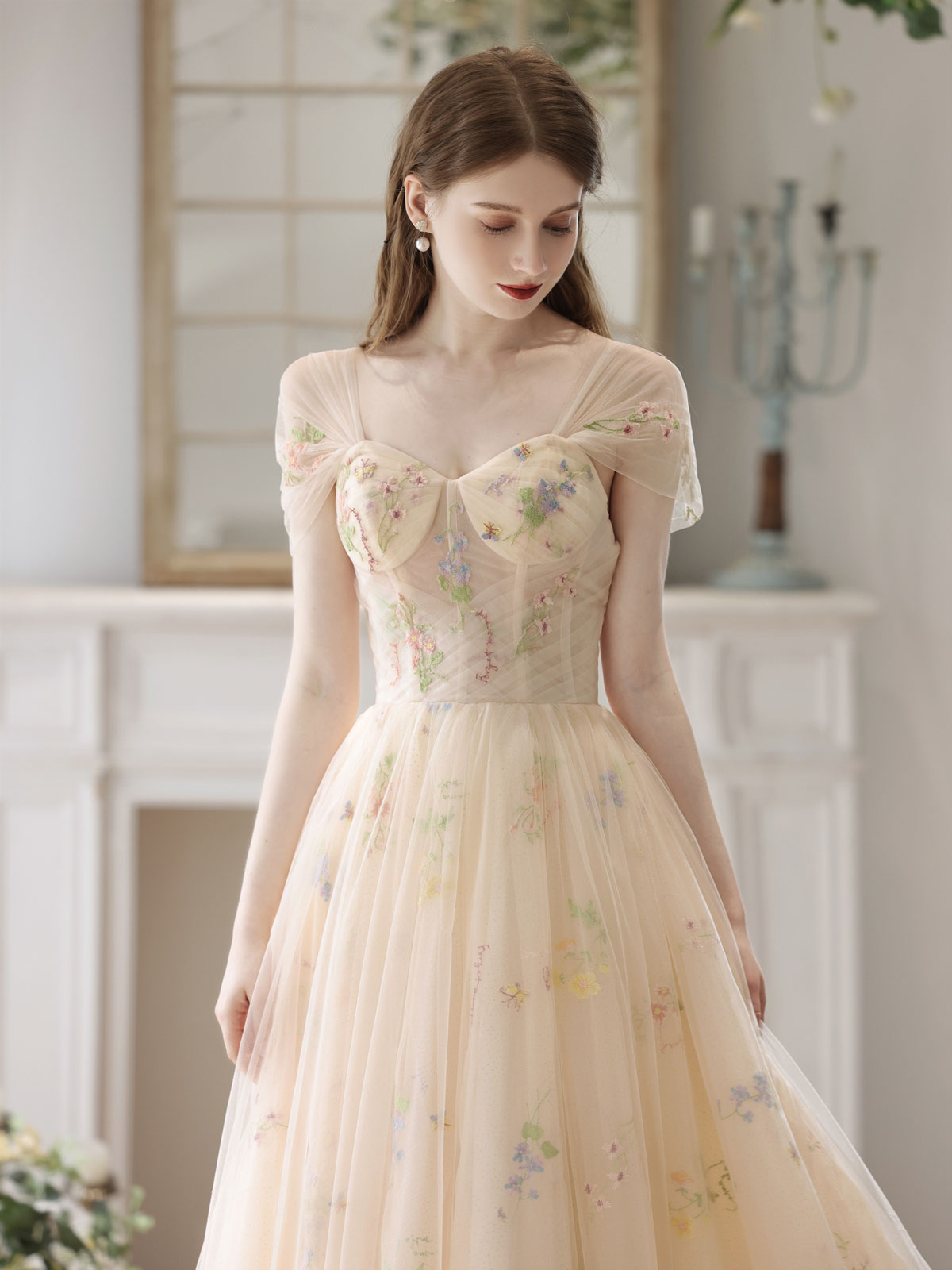 Fairytale Boho Champagne Tulle Sheer Illusion Prom Dress - DollyGown