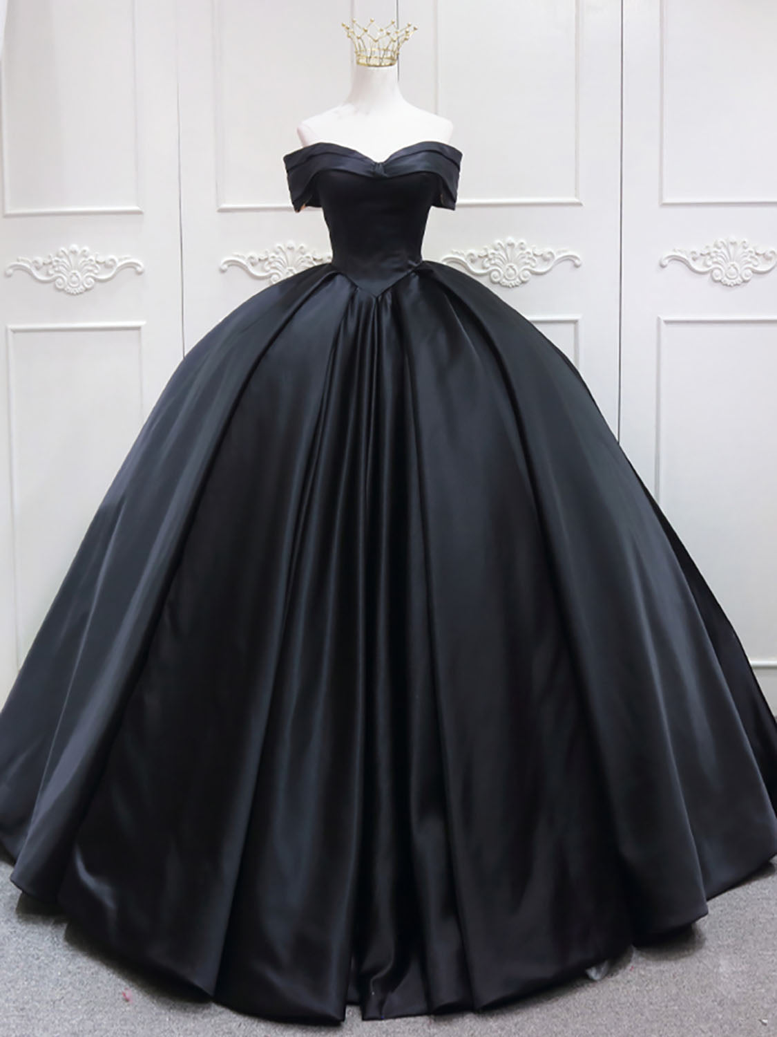 Black Masquerade Ball Gown Off The Shoulder Satin Quinceanera Dress Sweet 16 Dress - DollyGown