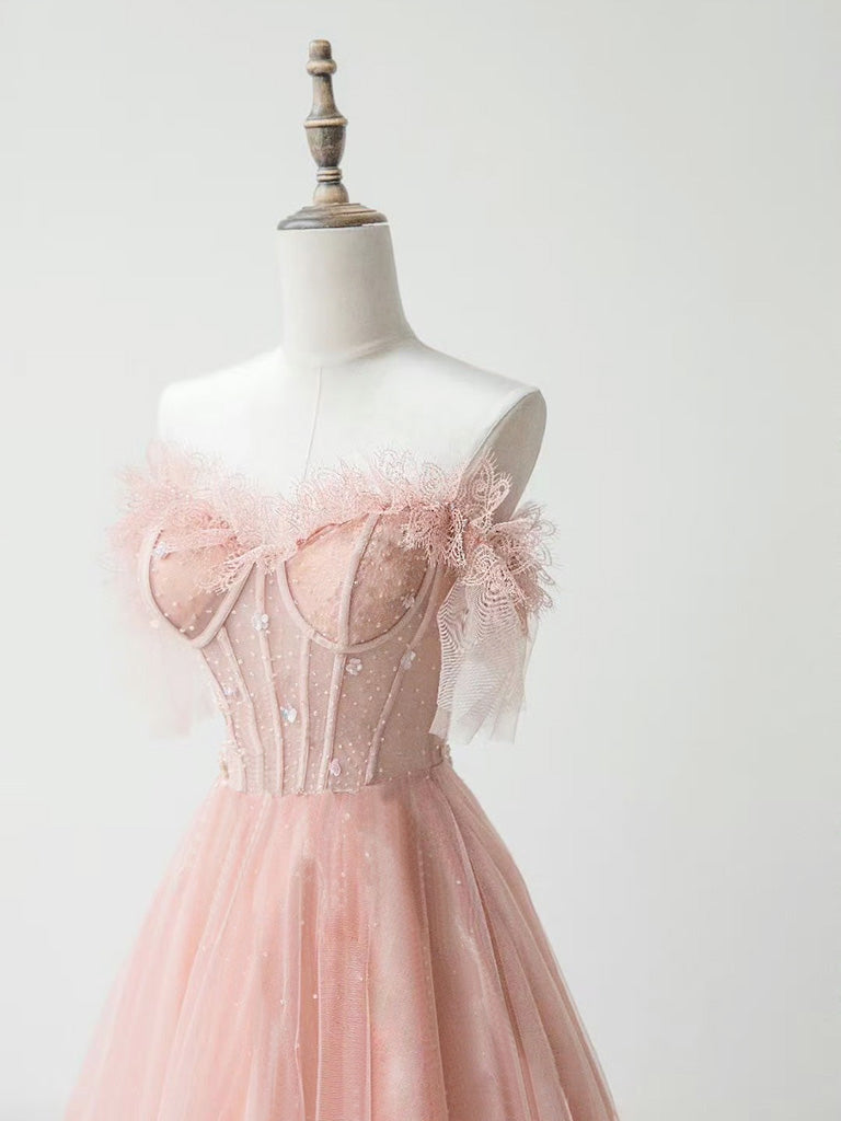 Peach Pink Strapless Tulle See Through Sheer Prom Dress Peach Pink Strapless Tulle See Through Sheer Prom Dress