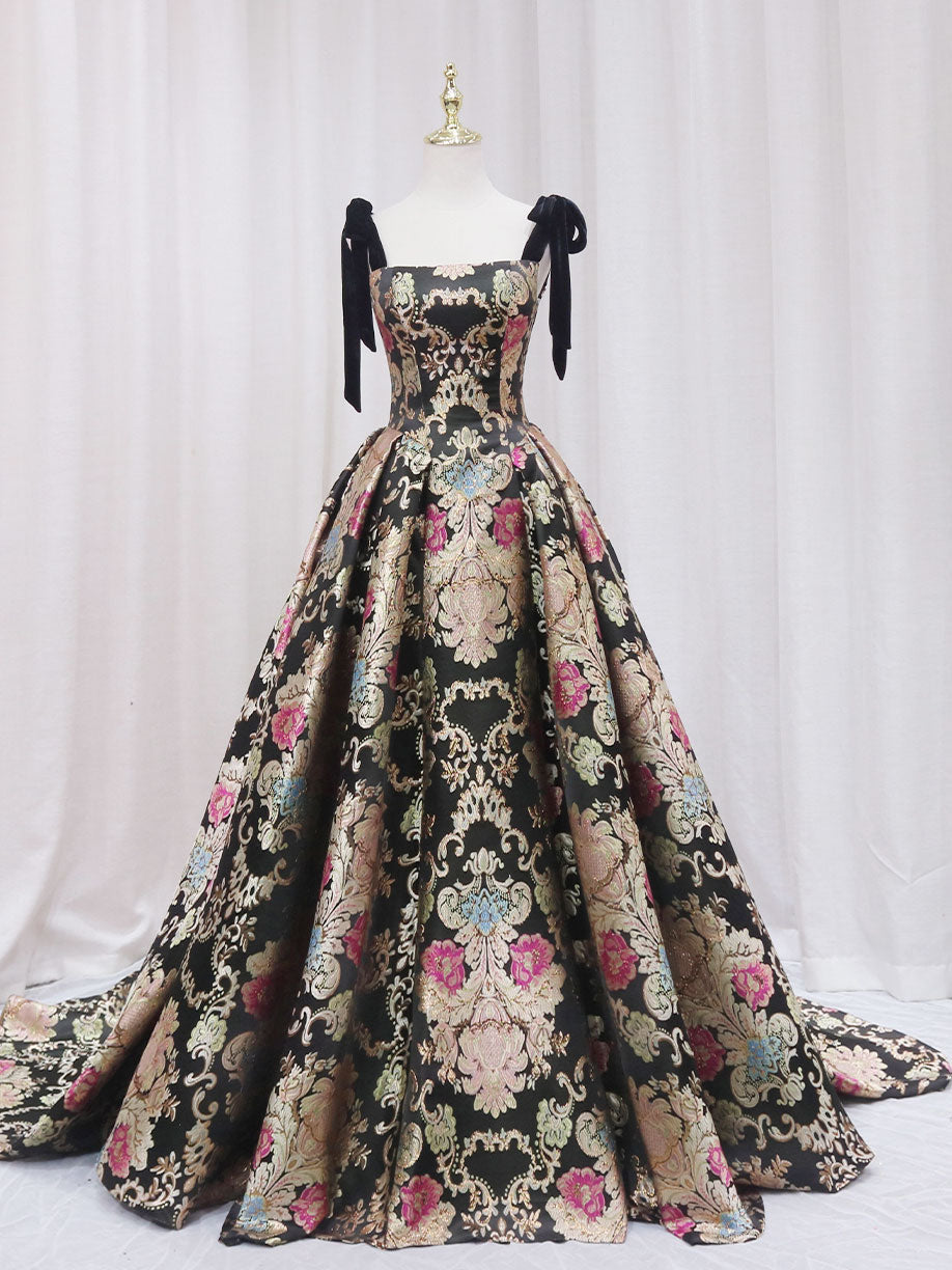 Black Printed Ball Gown Formal Dress with Tied Straps - DollyGown