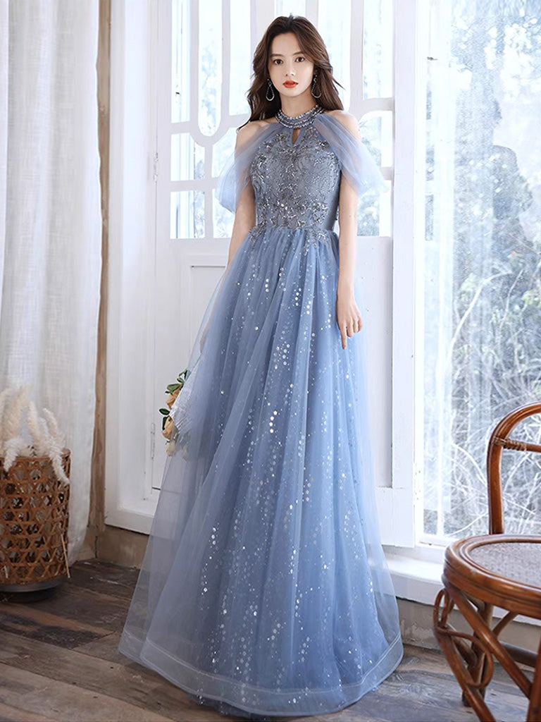 Dusty Blue Halter Neck Off The Shoulder Lace Top Evening Dress - DollyGown