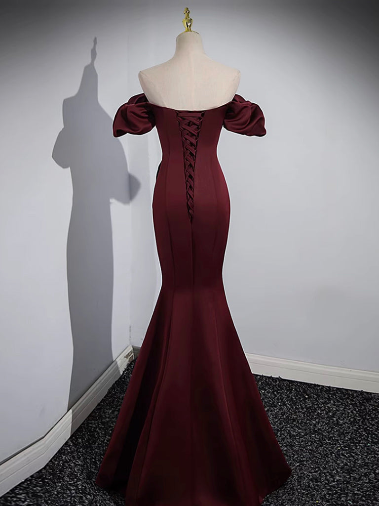 Off the Shoulder Satin Burgundy Mermaid Prom Dress Formal Gown - DollyGown