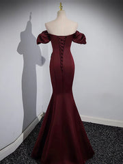 Off the Shoulder Satin Burgundy Mermaid Prom Dress Formal Gown - DollyGown