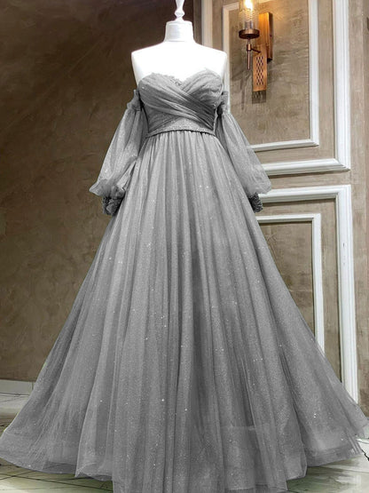 Ruched A-line Off The Shoulder Long Party Dress Prom Dress with Long Sleeves - DollyGown