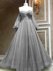 Ruched A-line Off The Shoulder Long Party Dress Prom Dress with Long Sleeves - DollyGown