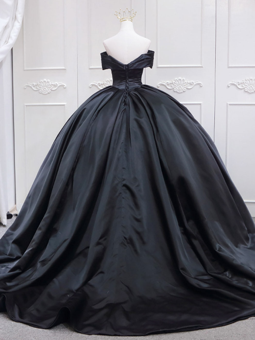 Black Masquerade Ball Gown Off The Shoulder Satin Quinceanera Dress Sweet 16 Dress - DollyGown