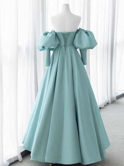 Stylish Off The Shoulder Sweetheart Satin Ball Gown with Long Sleeves - DollyGown