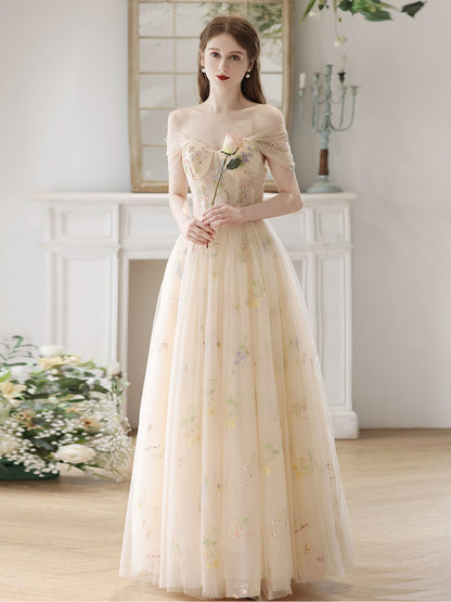 Fairytale Boho Champagne Tulle Sheer Illusion Prom Dress - DollyGown