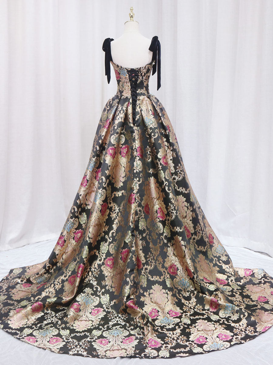 Black Printed Ball Gown Formal Dress with Tied Straps Black Printed Ball Gown Formal Dress with Tied Straps