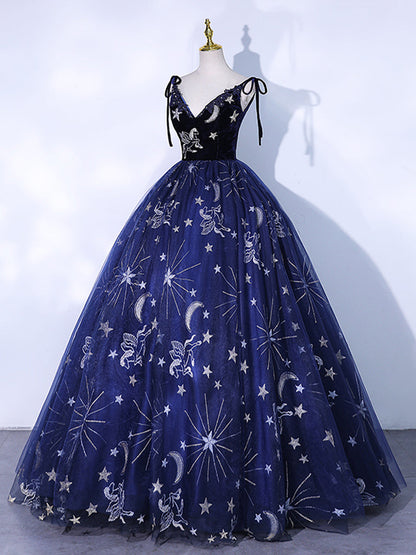 Navy Blue V-Neck Ball Gown Prom Dress Formal Dress - DollyGown