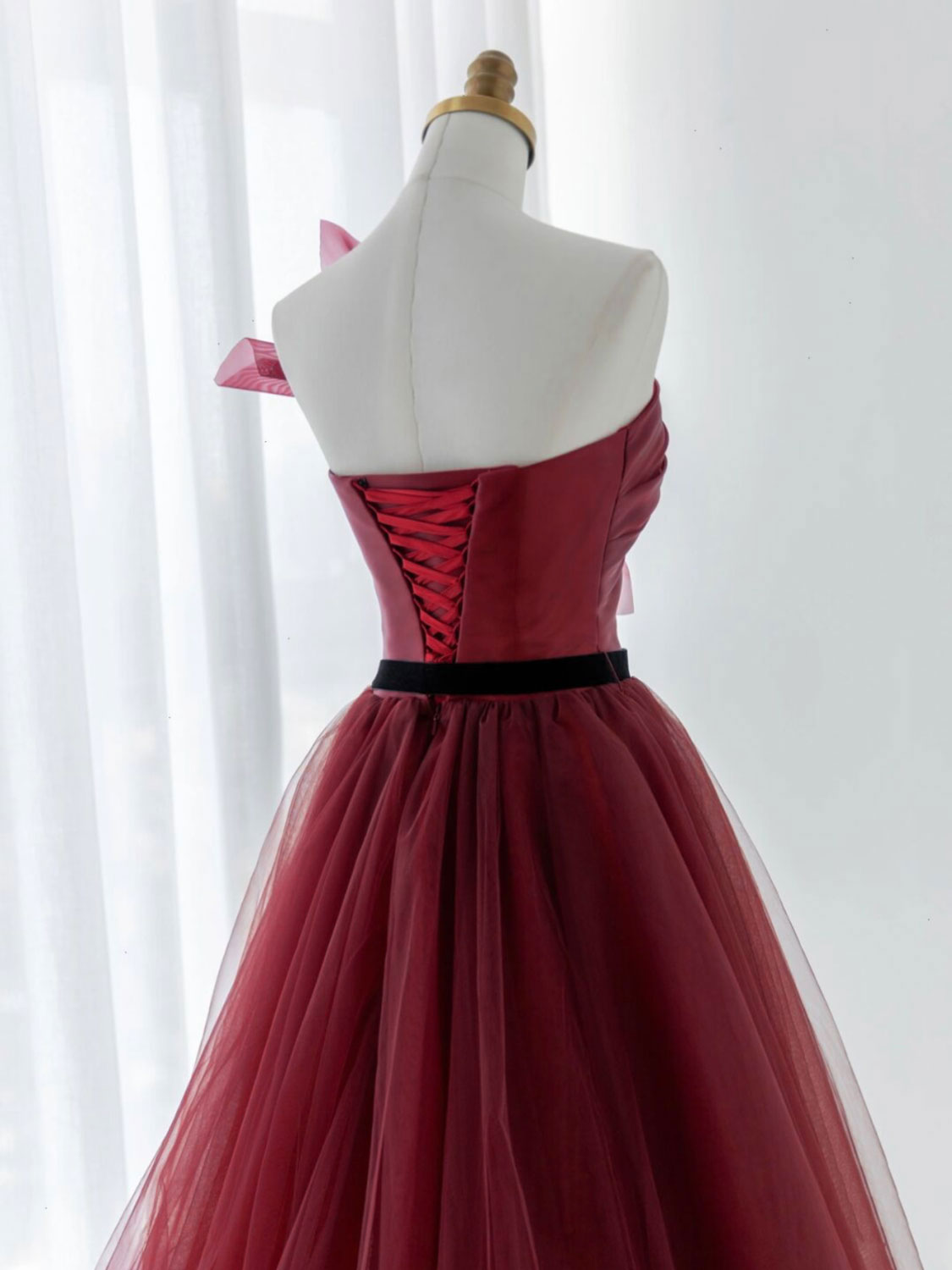 Strapless Burgundy Tulle A-line  Formal Dress Prom Dress - DollyGown