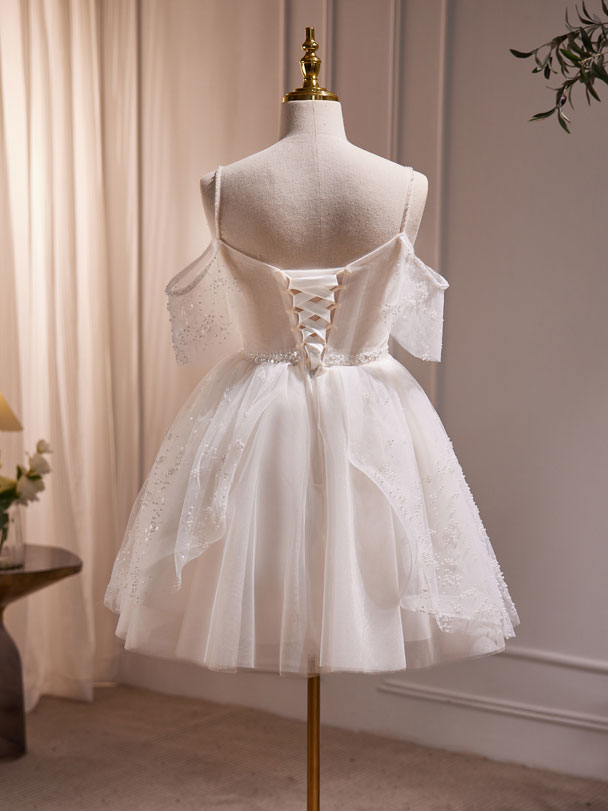 off the shoulder knee length wedding dress 2026 Ivory Wedding Dress A-line Short Off-the-Shoulder Sleeveless