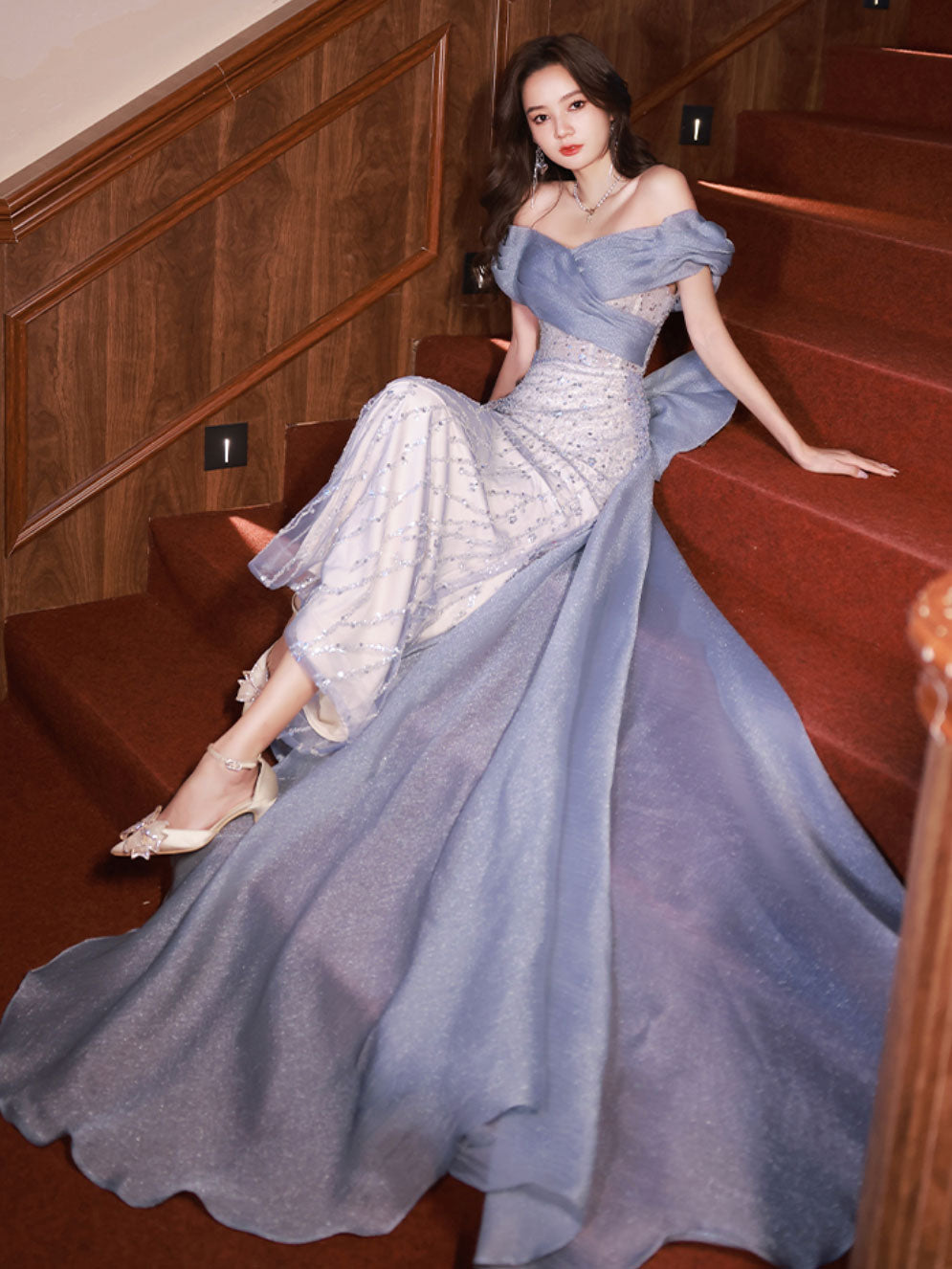 Dusty Blue Fishtail Fitted Off The Shoulder Occasion Dress Prom Dress Dusty Blue Fishtail Fitted Off The Shoulder Occasion Dress Prom Dress