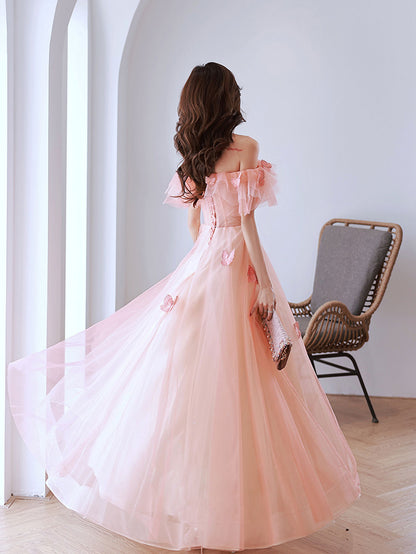 Peach Pink Off The Shoulder A-line Maxi Long Prom Dress - DollyGown