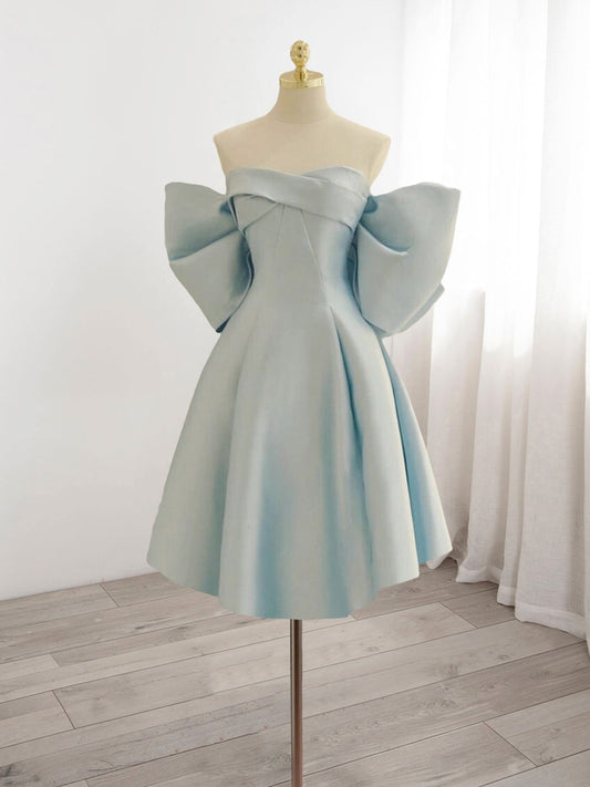Strapless Light Blue Satin A-line Homecoming Dress with Bow - DollyGown