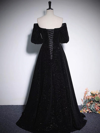 Black Off The Shoulder Velvet Evening Dress Prom Dress - DollyGown