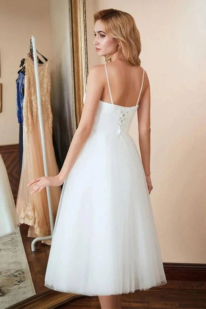 50s Tulle Short Wedding Reception Dress with Spaghetti Straps - DollyGown