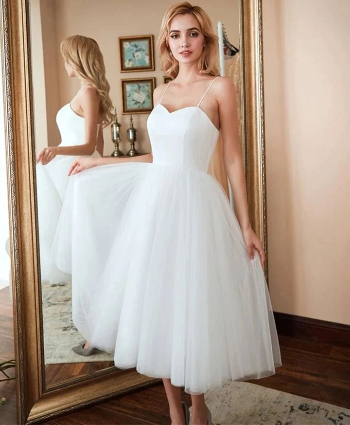 50s Tulle Short Wedding Reception Dress with Spaghetti Straps - DollyGown