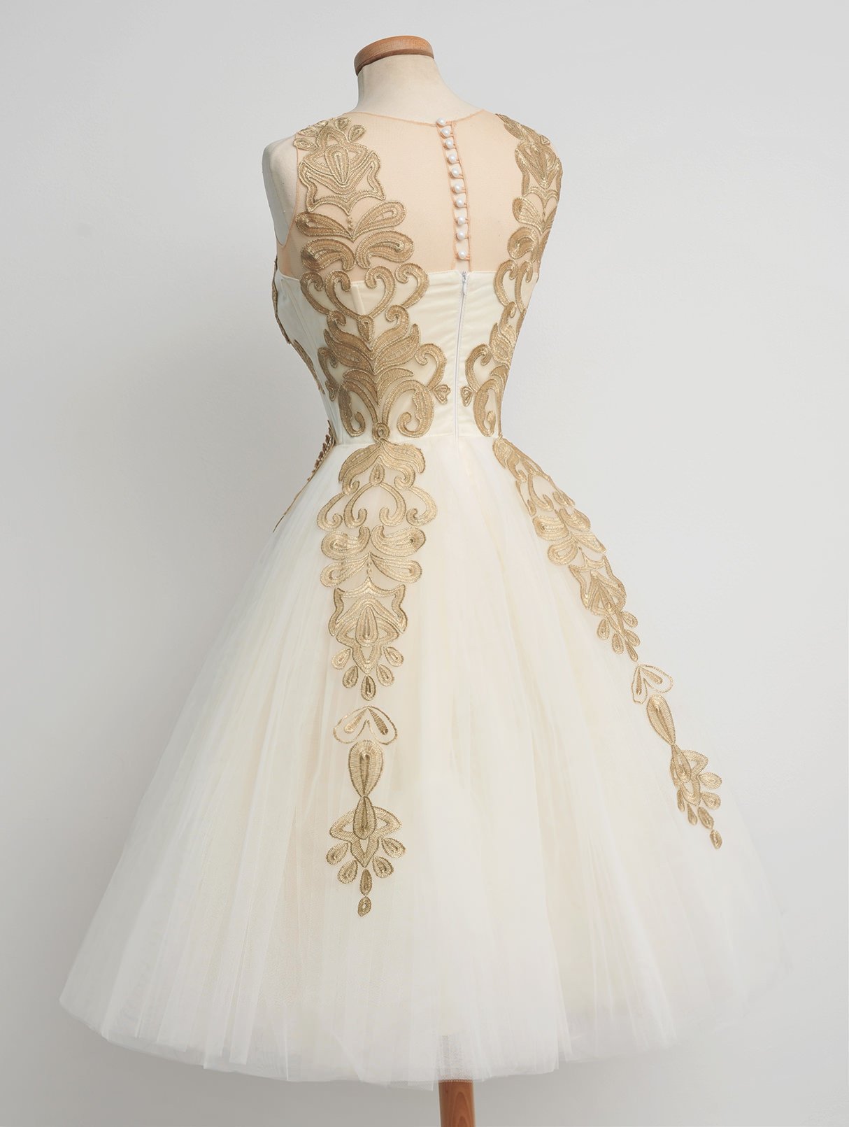 50s Vintage Tea Length Prom Dress with Gold Lace Appliques 50s Vintage Tea Length Prom Dress with Gold Lace Appliques