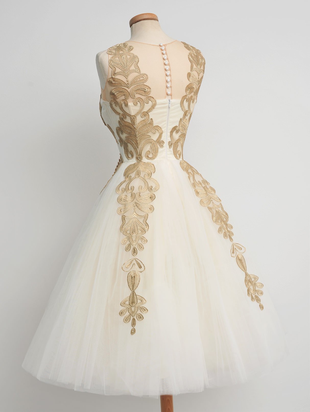 50s Vintage Tea Length Prom Dress  with Gold Lace Appliques,GDC1209-Dolly Gown