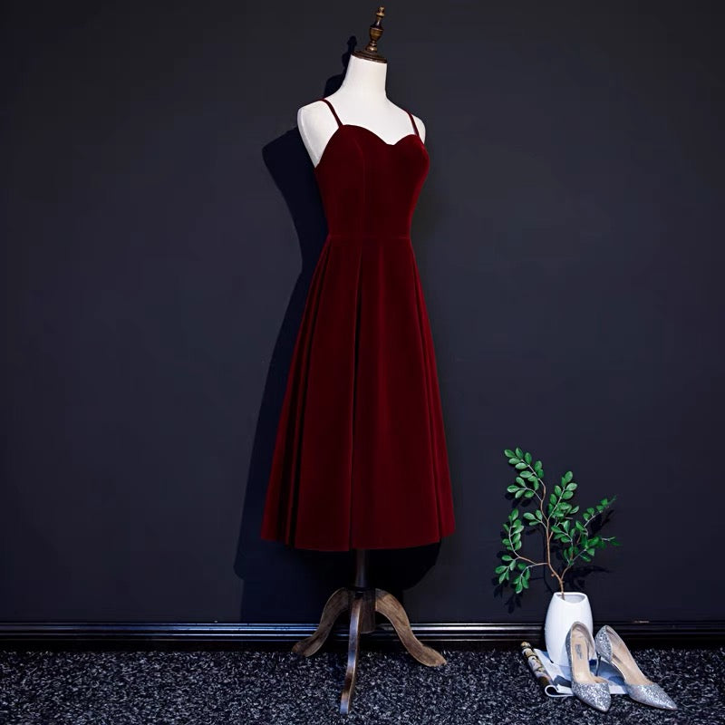 50s style Burgundy Velvet Short Prom Dress Bridesmaid Dress -DollyGown