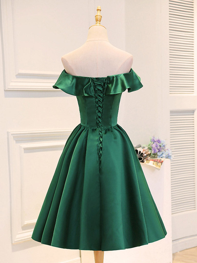 Emerald Green Off The Shouder Satin Boned Short Bridesmaid Dresses Prom Dress - DollyGown