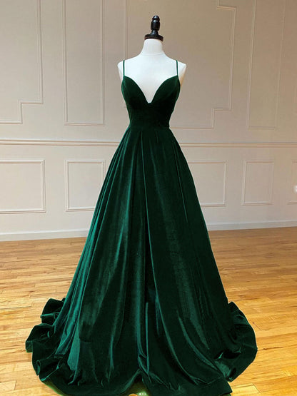 Simple Velvet Spaghetti Strap Green Ball Gown Prom Dress - DollyGown
