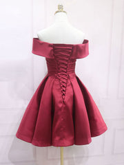 Simple Satin Off The Shoulder Burgundy Short Party Dress Formal Dress - DollyGown