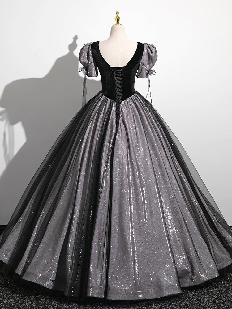 Drop Waist Black Long A-line Prom Dress with Bubble Short Sleeves - DollyGownDrop Waist Black Long A-line Prom Dress with Bubble Short Sleeves - DollyGown