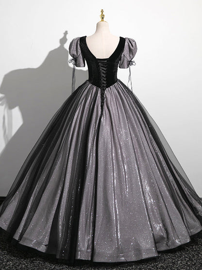 Drop Waist Black Long A-line Prom Dress with Bubble Short Sleeves - DollyGownDrop Waist Black Long A-line Prom Dress with Bubble Short Sleeves - DollyGown
