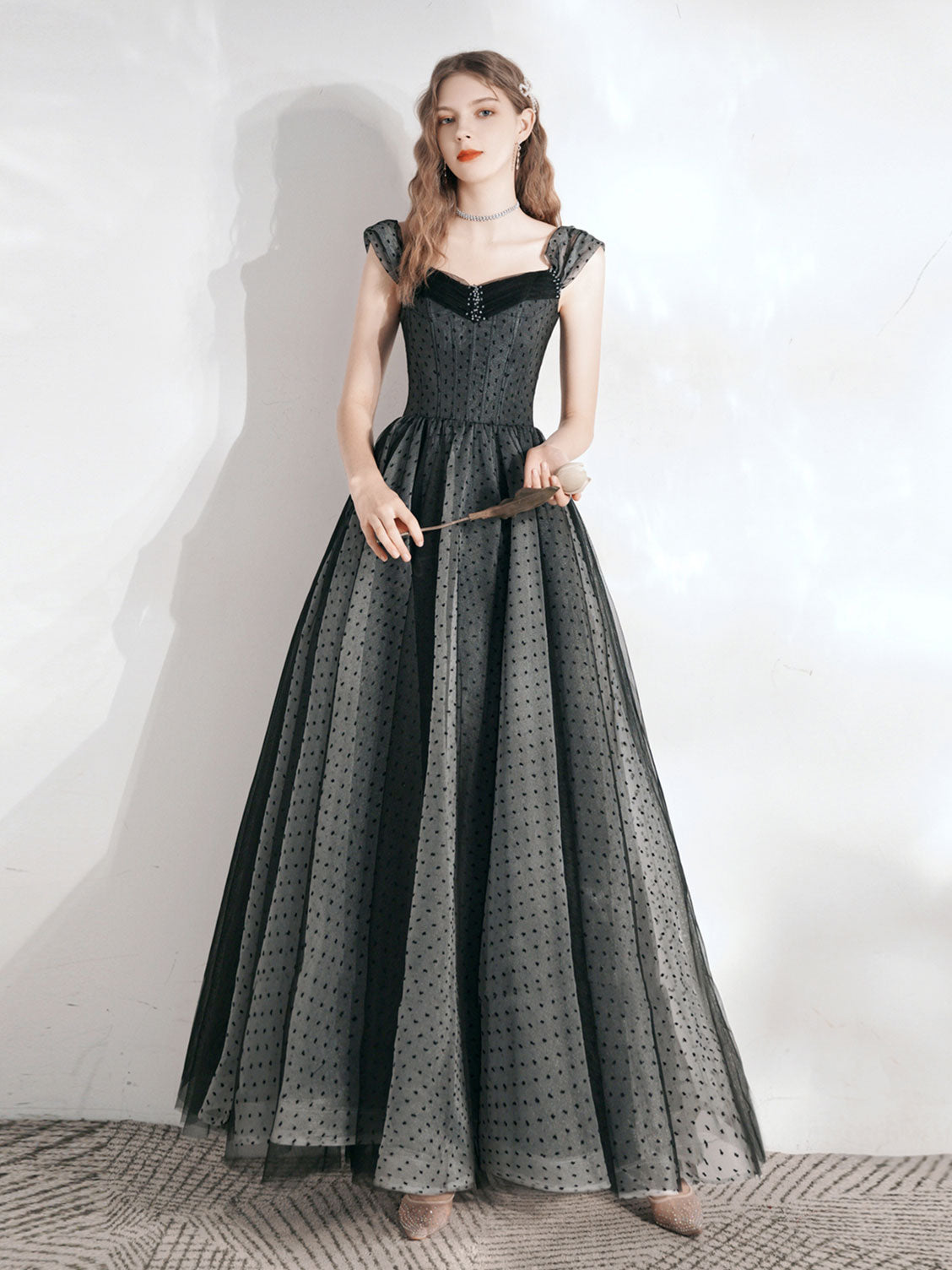 Black Vintage Long Polka Dot Prom Dress Formal Dress - DollyGown