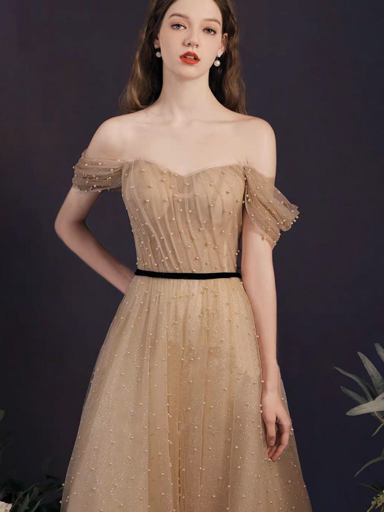 Off the Shoulder Illusion Champagne Prom Dress with Black Belt Off the Shoulder Illusion Champagne Prom Dress with Black Belt