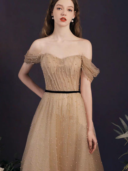 Off the Shoulder Illusion Champagne Prom Dress with Black Belt - DollyGown