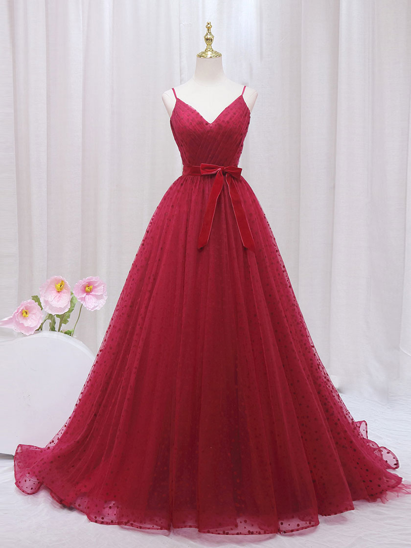 Red Spaghetti Strap Ball Gown Polka Dot Tulle Prom Dress Formal Dress - DollyGown