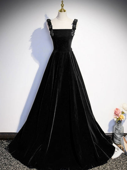 Black Velvet Rose Straps A-line Prom Dress - DollyGown