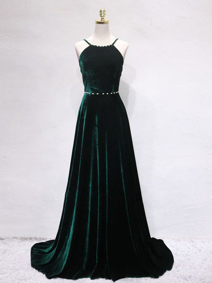 A-Line Backless Green Velvet Long Prom Dresses, Green Formal Evening Dresses - DollyGown