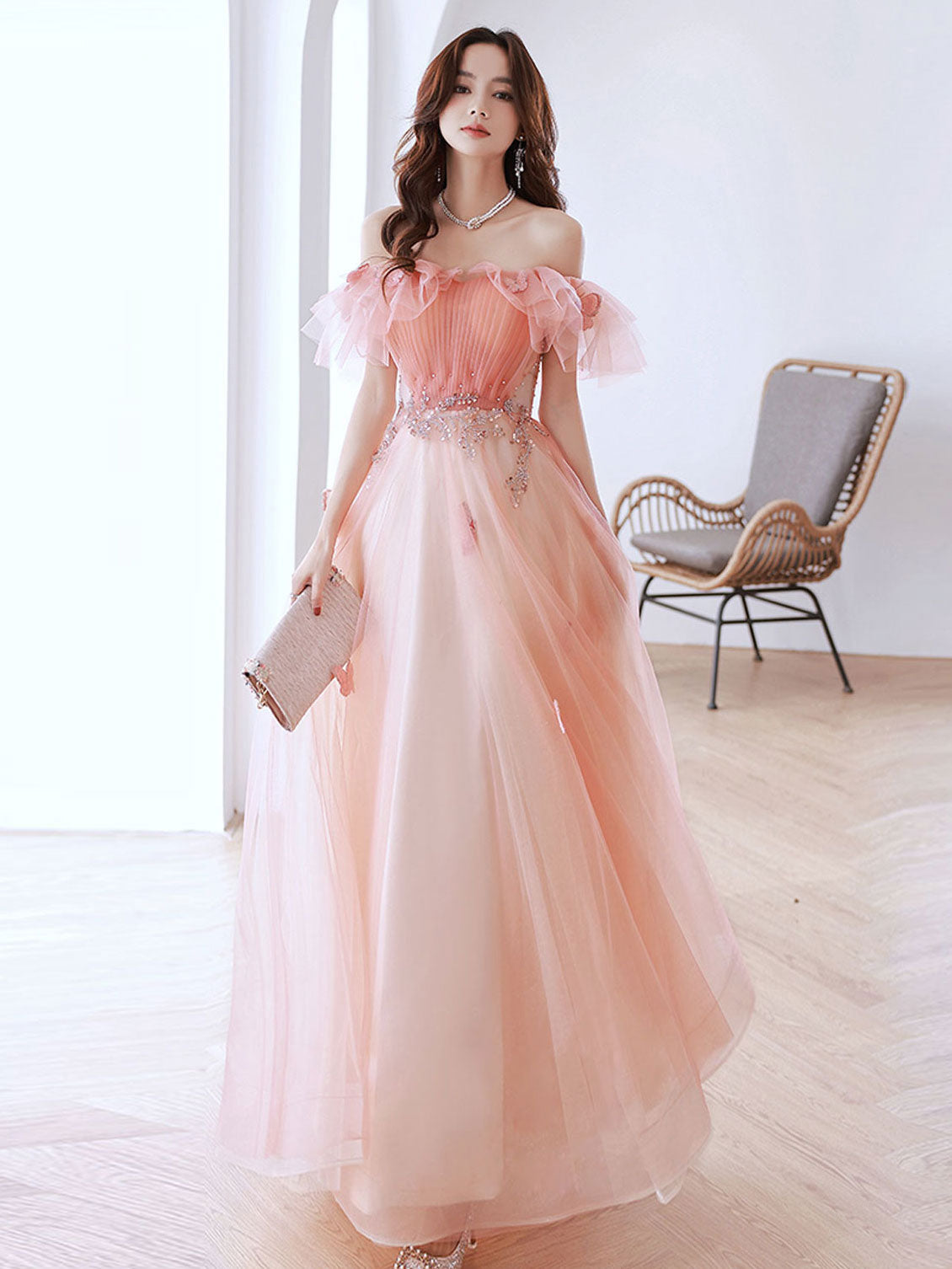 Peach Pink Off The Shoulder A-line Maxi Long Prom Dress