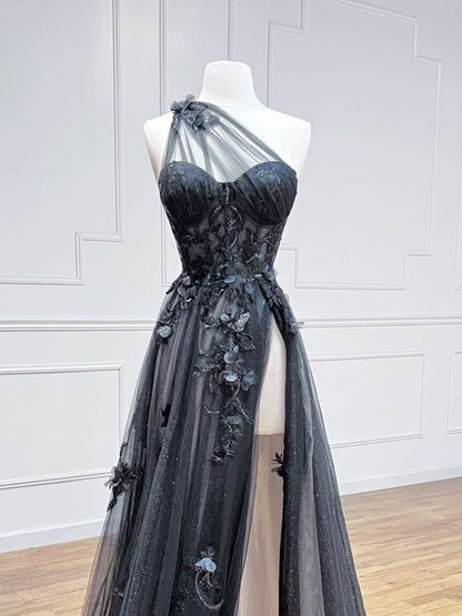 Black One Shoulder Tulle Sheer Lace Boho Prom Dress with High Slit - DollyGown