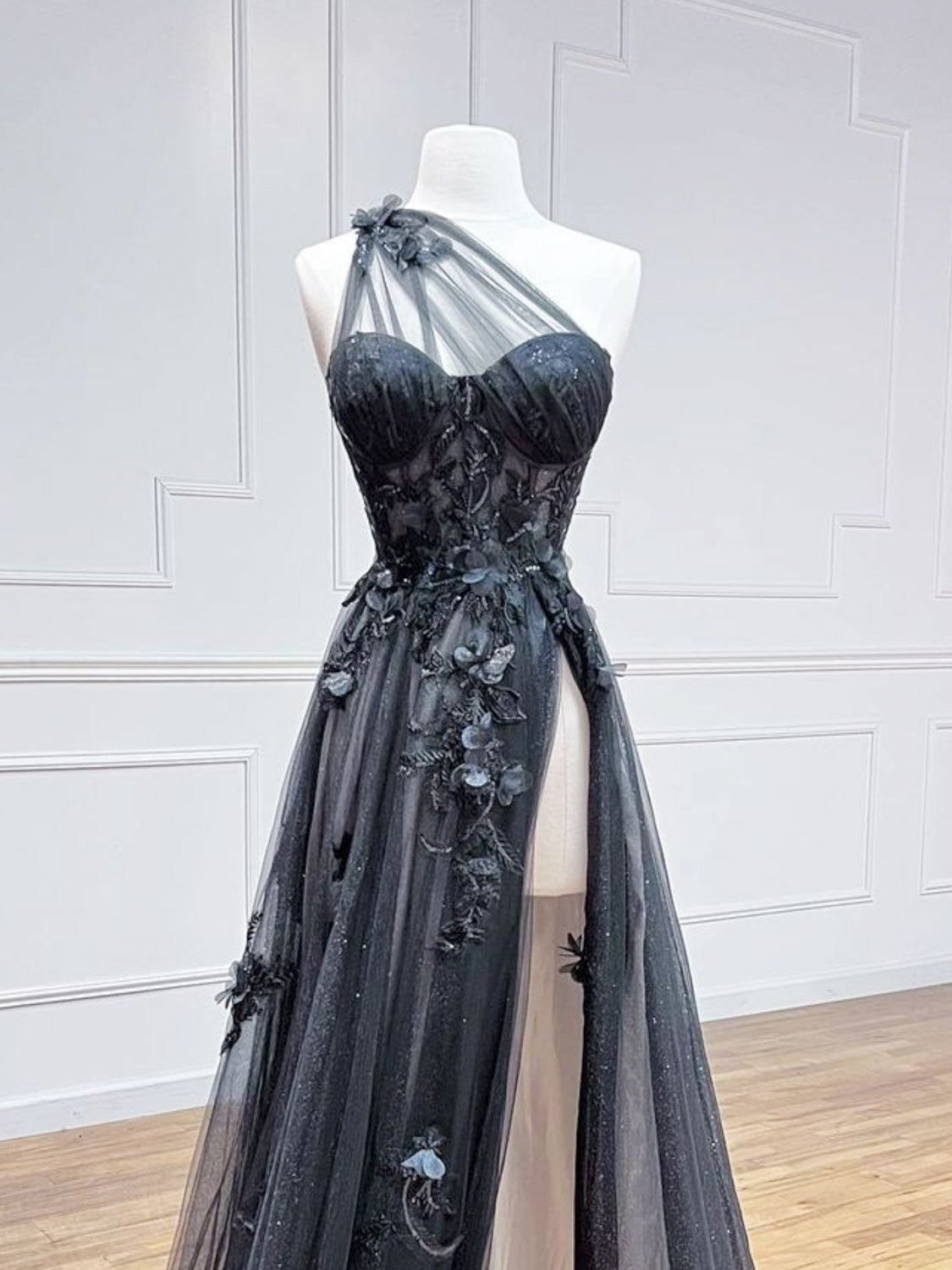 Black One Shoulder Tulle Sheer Lace Boho Prom Dress with High Slit